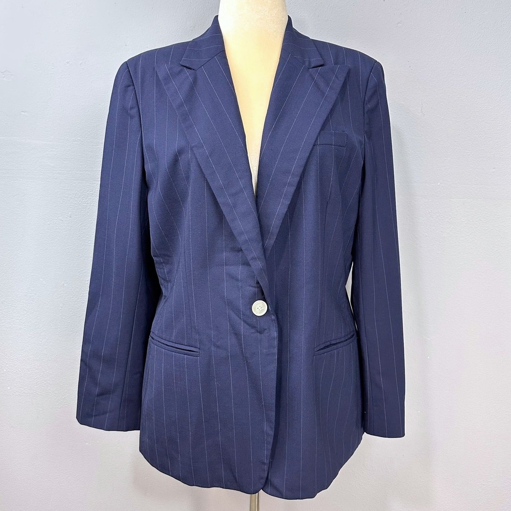 Vintage Ralph Lauren Blazer Career Jacket Size 16 Navy Blue Pinstripe Wool Blend